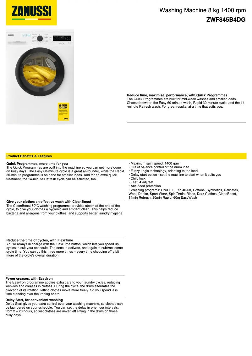 Page 1 de la notice Fiche technique Zanussi ZWF845B4DG