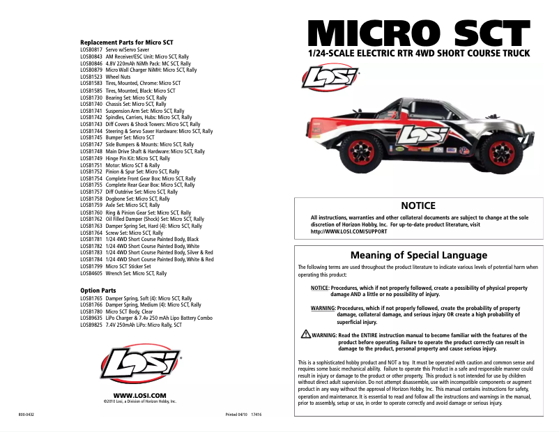Page 1 de la notice Manuel utilisateur Losi 1/36 Micro HIGHroller RTR