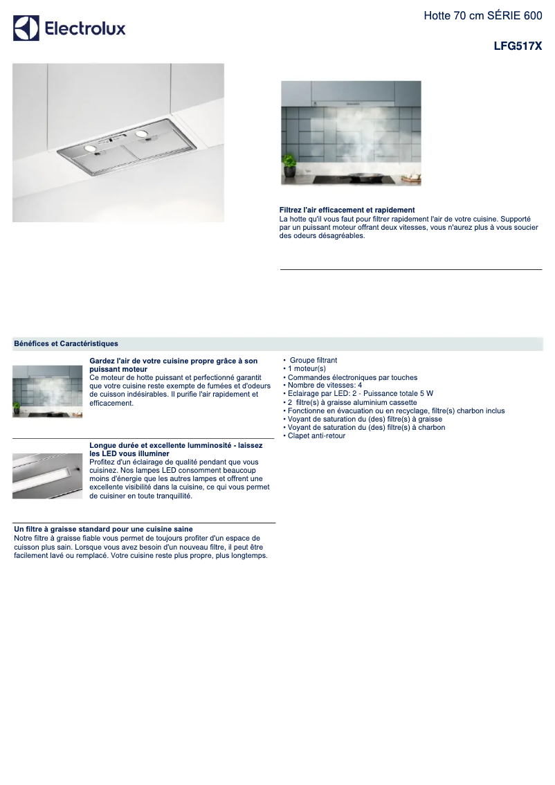 Page 1 de la notice Fiche technique Electrolux LFG517X