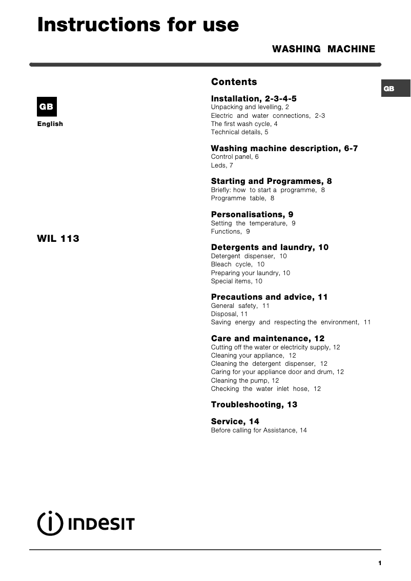 Page n°1 - Manuel utilisateur Indesit WIL 113 (UK) (BG)