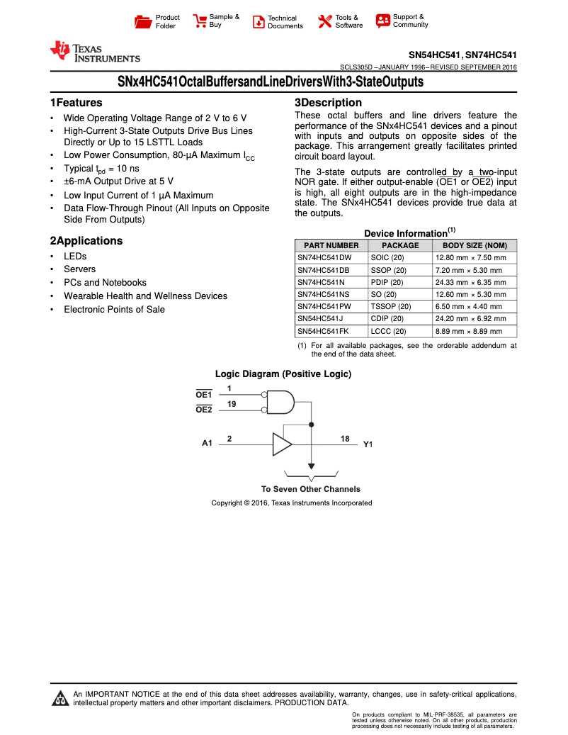 Page 1 de la notice Manuel utilisateur Texas Instruments SN74HC541N