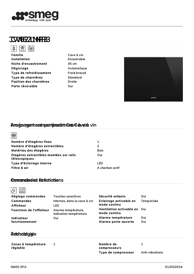 Page 1 de la notice Fiche technique Smeg CVI621NR3
