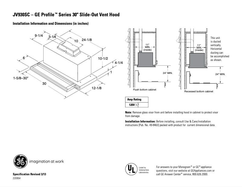 Page 1 de la notice Fiche technique GE JV930SCBR