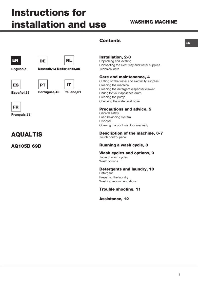 Image de la première page du manuel de l'appareil Aqualtis AQ105D 69D EU