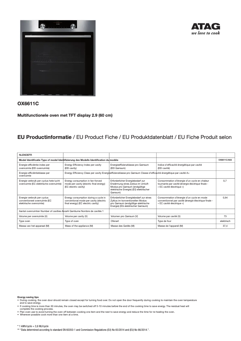 Page 1 de la notice Manuel utilisateur Atag OX6611C