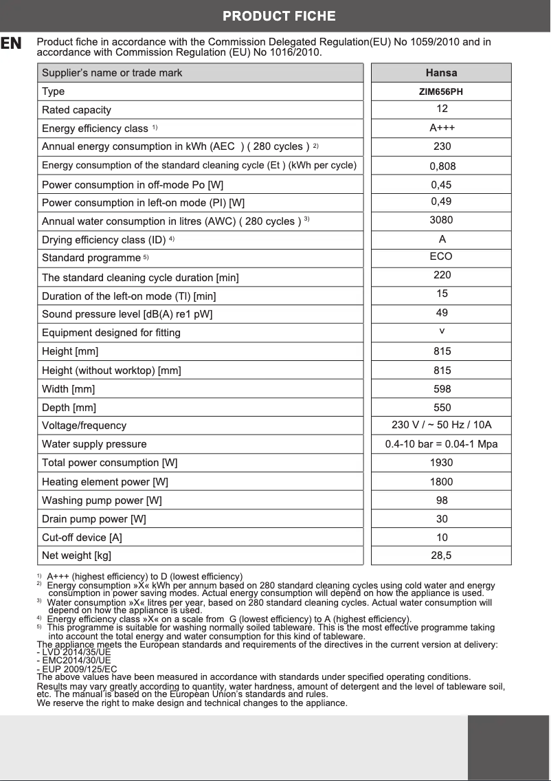 Page n°1 - Fiche technique Hansa ZIM656PH