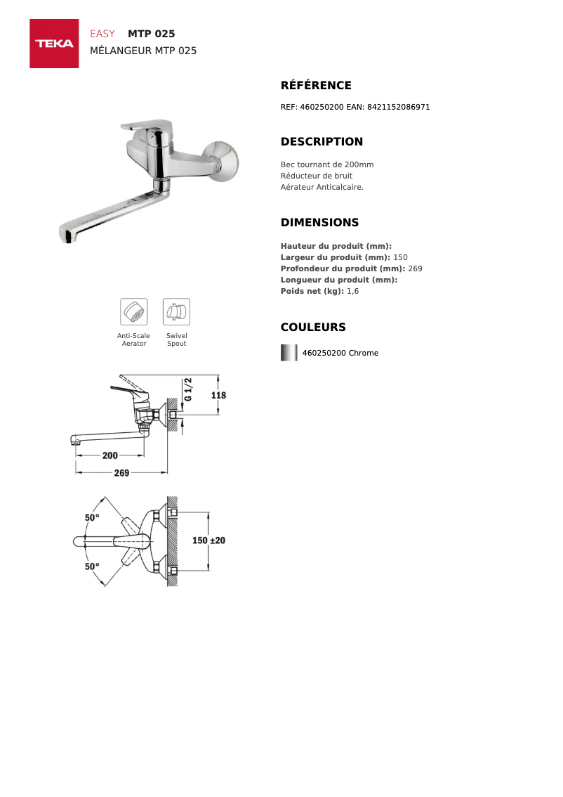 Page 1 de la notice Fiche technique Teka MTP 025