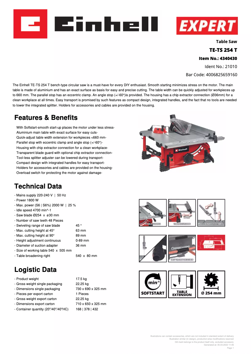 Page 1 de la notice Fiche technique Einhell TE-TS 254 T