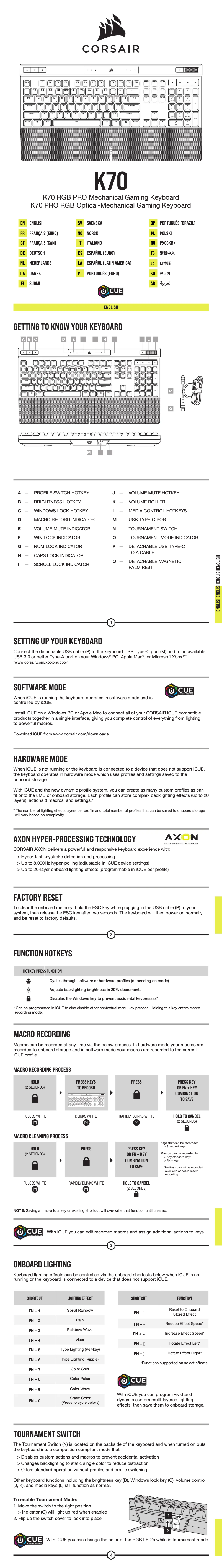 Page 1 de la notice Guide de démarrage rapide Corsair K70 RGB PRO