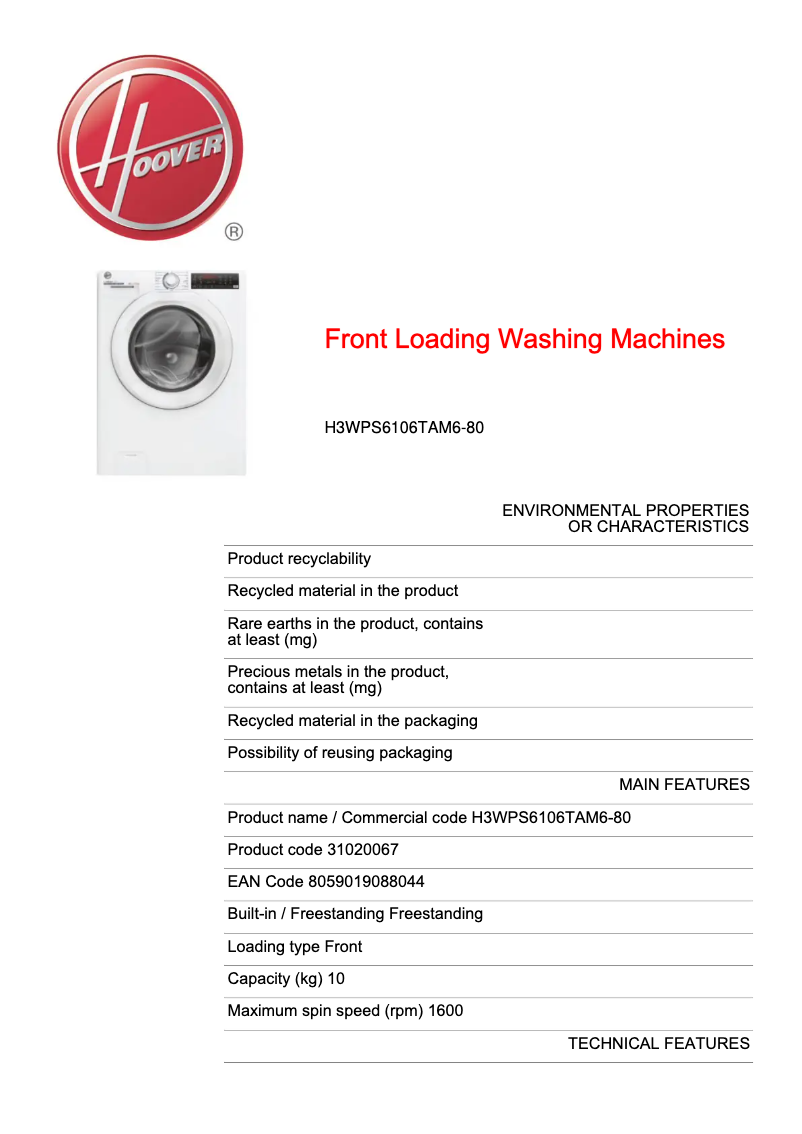 Page 1 de la notice Fiche technique Hoover H3WPS6106TAM6-80