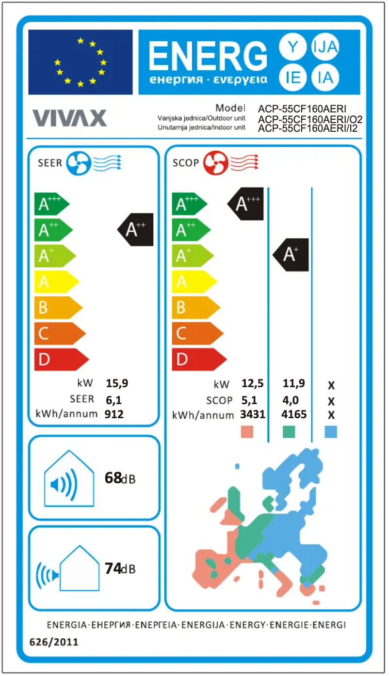 Page 1 de la notice Label énergétique Vivax ACP-55CF160AERI