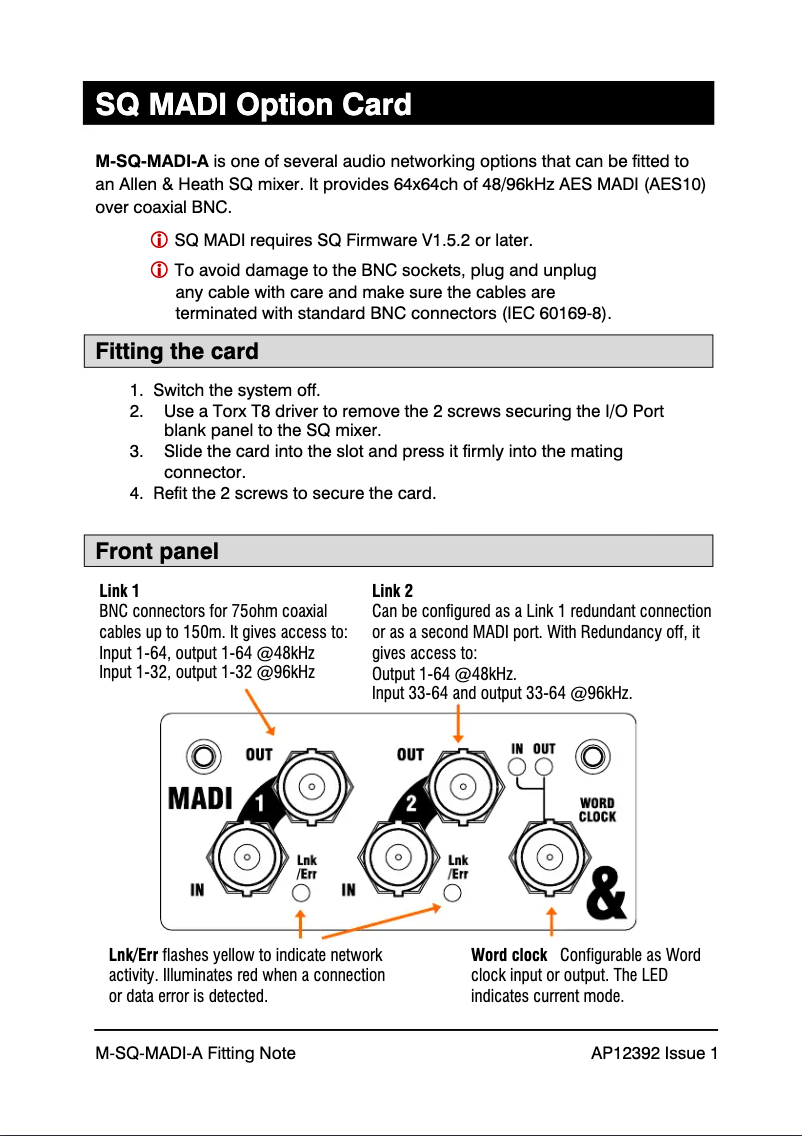 Imagen de la primera página del manual del dispositivo SQ MADI