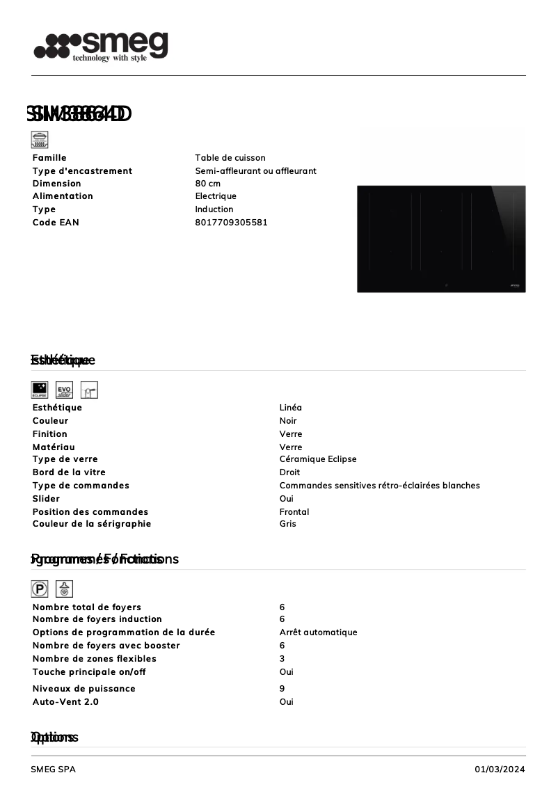 Page n°1 - Fiche technique Smeg SIM3864D