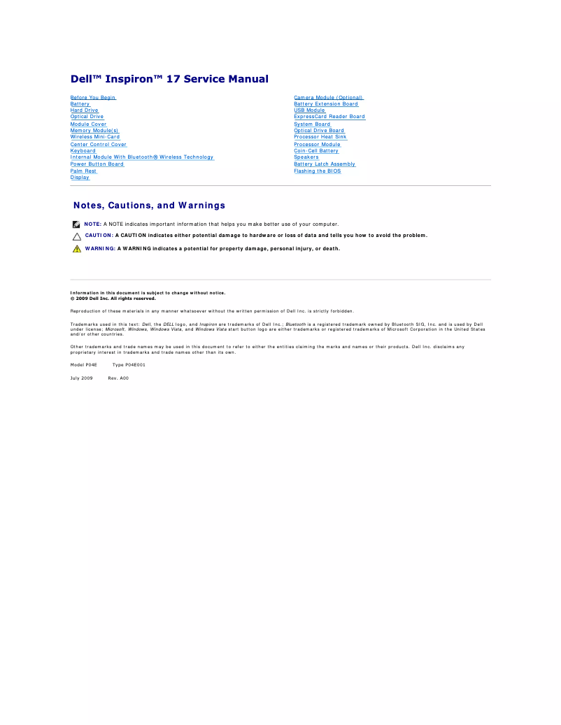 Image de la première page du manuel de l'appareil Inspiron 1750