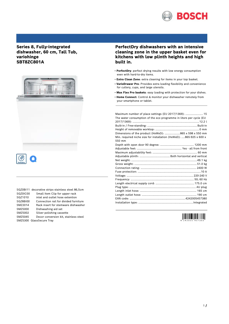 Page 1 de la notice Fiche technique Bosch SBT8ZC801A