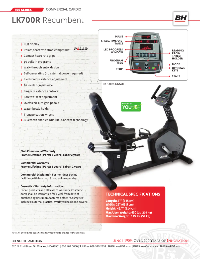 Page 1 de la notice Fiche technique BH Fitness LK700R