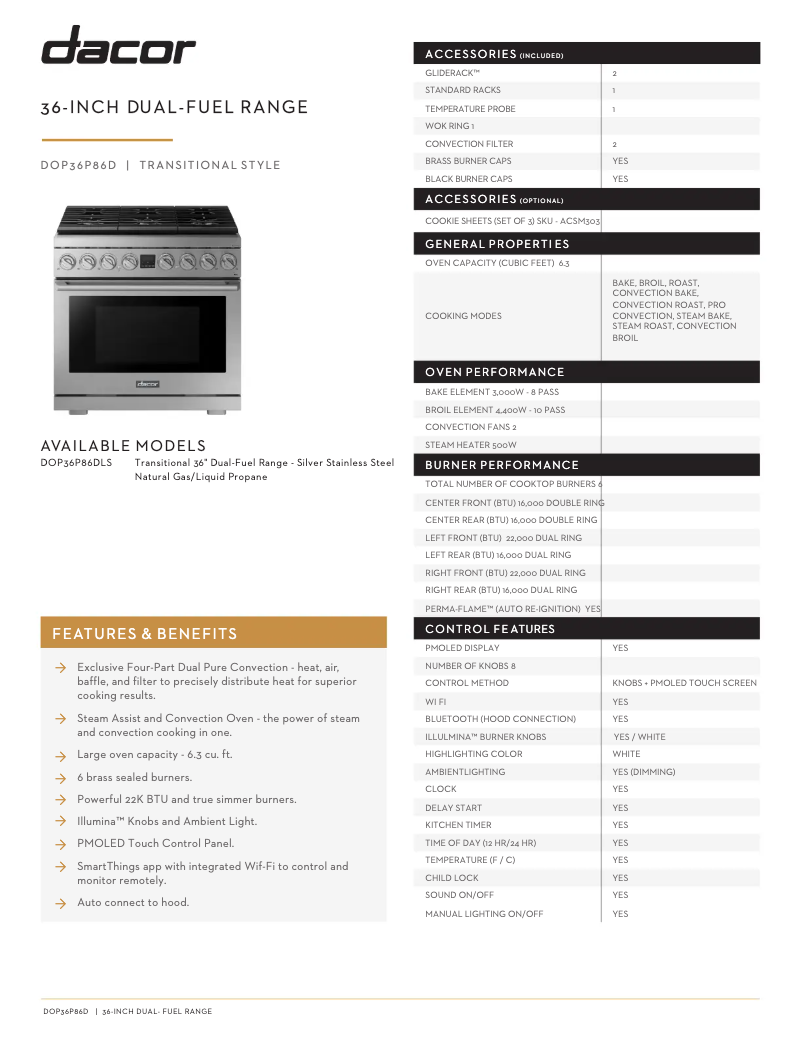Page 1 de la notice Fiche technique Dacor DOP36P86DLS