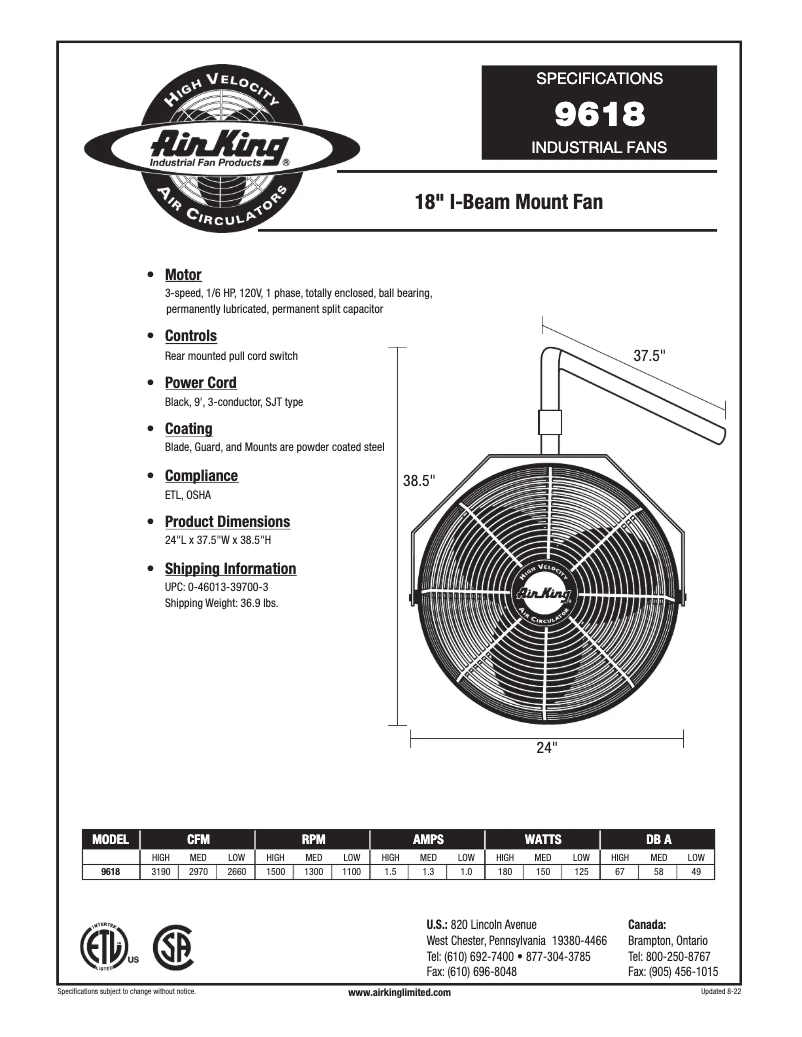 Page 1 de la notice Fiche technique Air King 9618