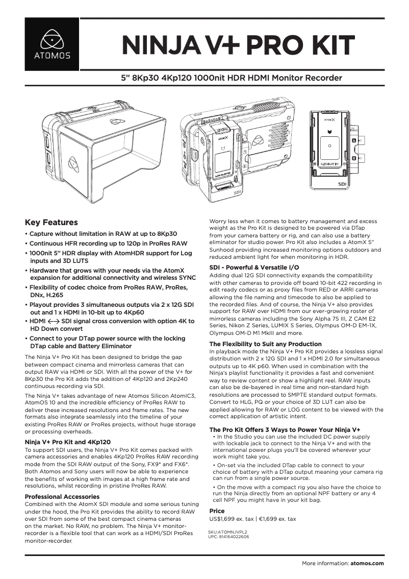 Page n°1 - Fiche technique Atomos Ninja V+ Pro Kit