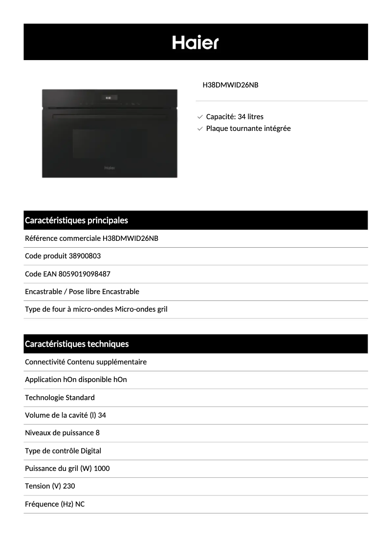 Página 1 del manual Ficha técnica Haier H38DMWID26NB