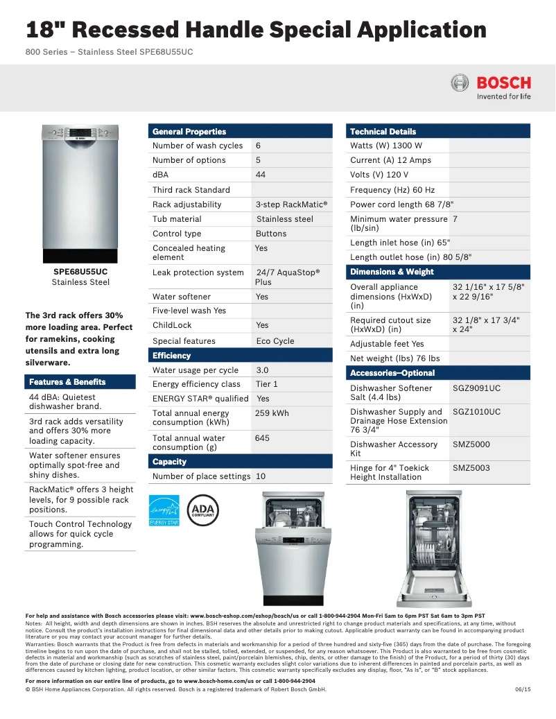 Page 1 de la notice Fiche technique Bosch SPE68U5
