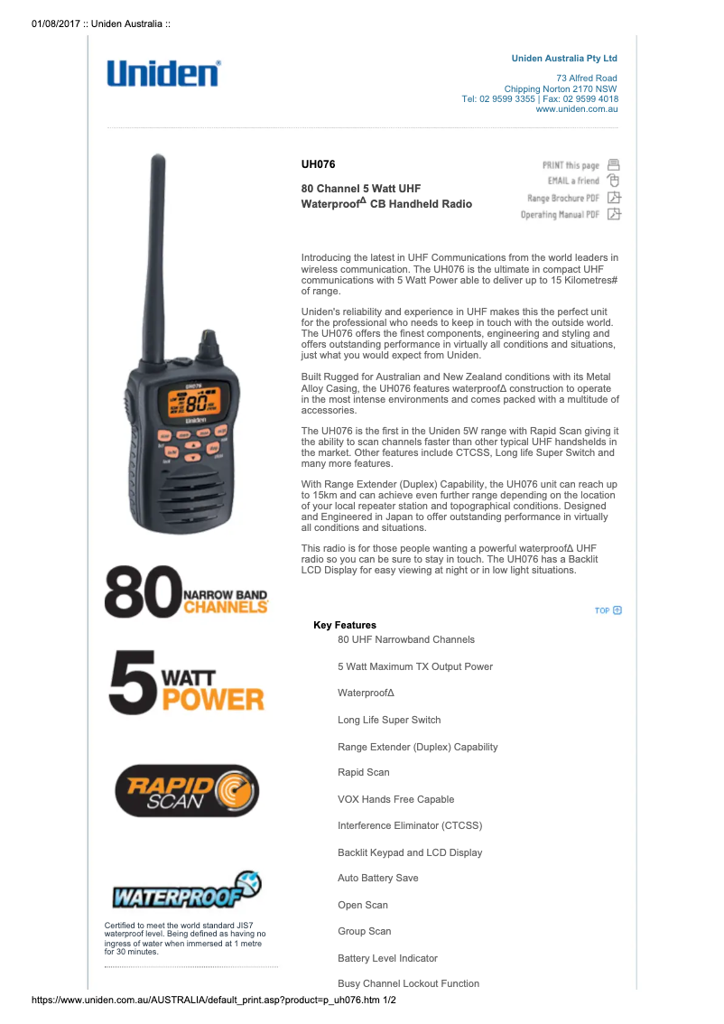 Page 1 de la notice Manuel utilisateur Uniden UH076