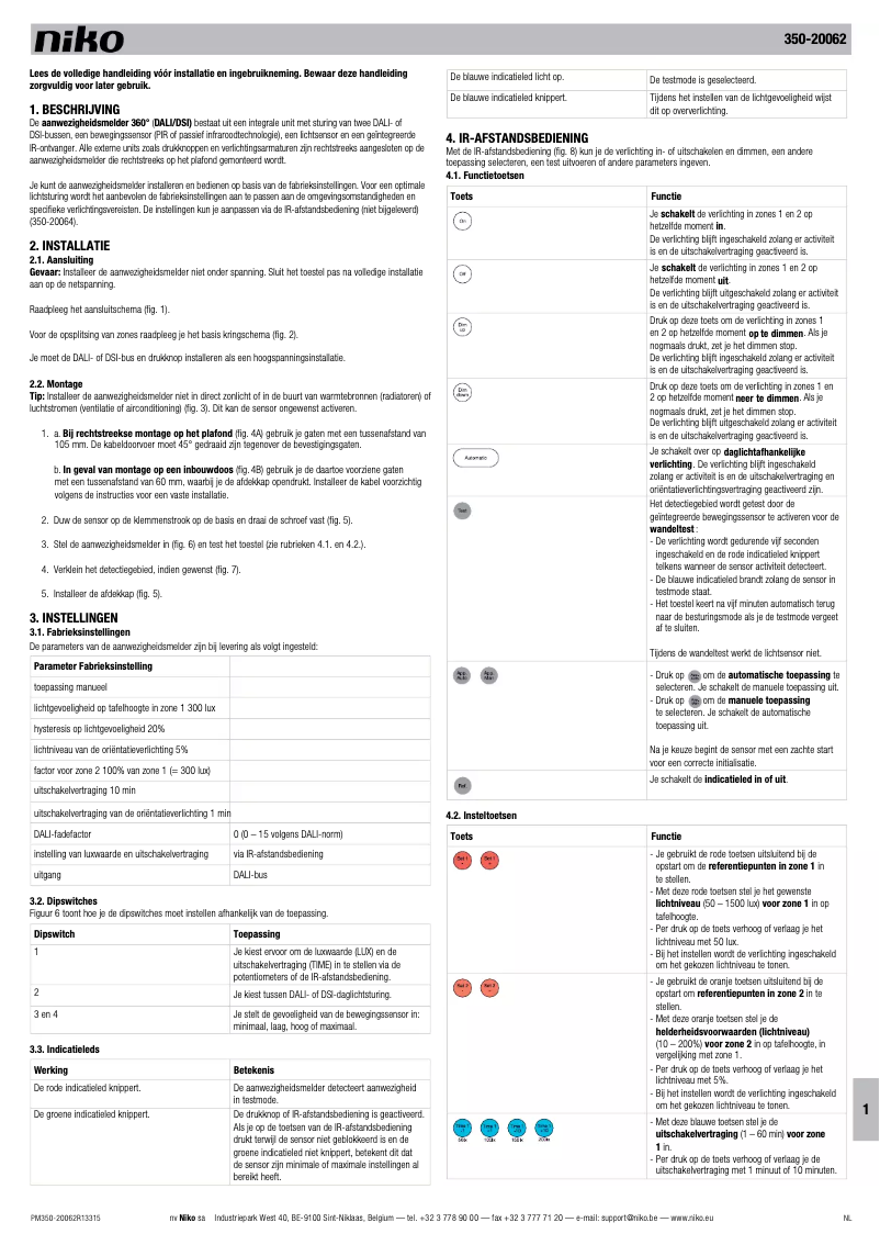 Page 1 de la notice Manuel utilisateur Niko 350-20062