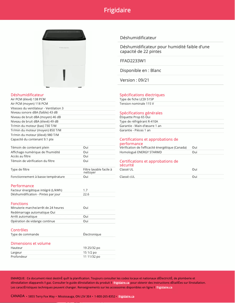 Page 1 de la notice Fiche technique Frigidaire FFAD2233W1