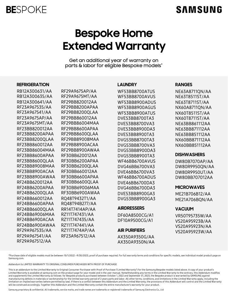 Page n°1 - Informations de garantie Samsung DW80R9950QN