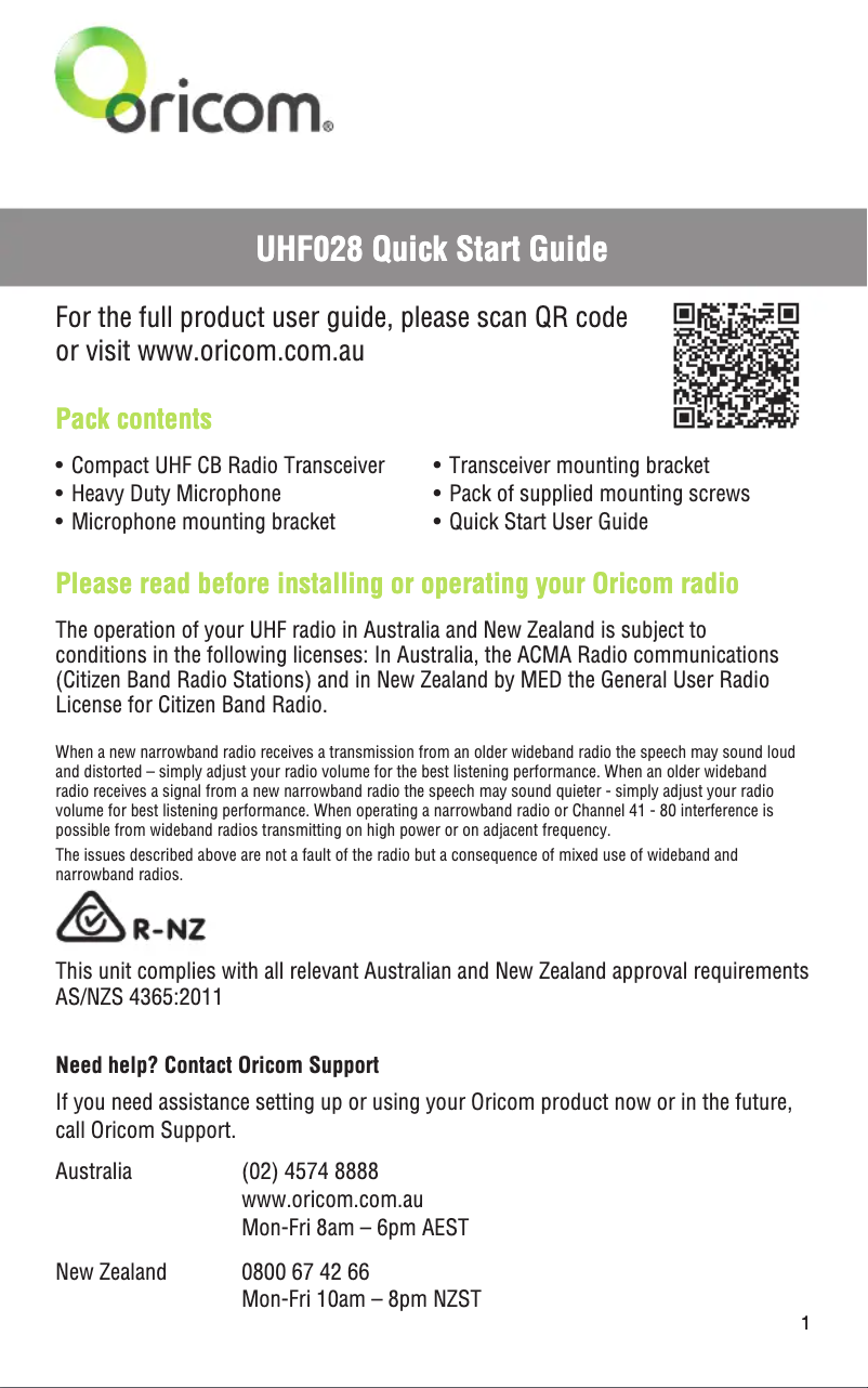 Page n°1 - Guide de démarrage rapide Oricom UHF028
