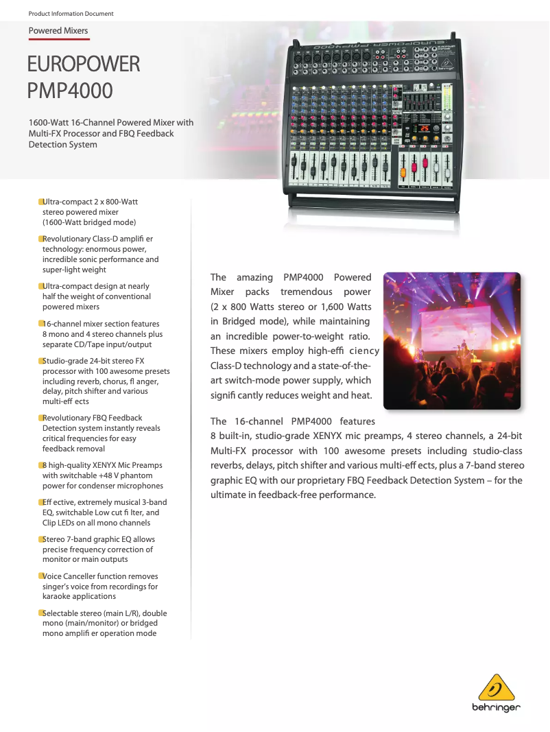 Page 1 de la notice Fiche technique Behringer Europower PMP4000