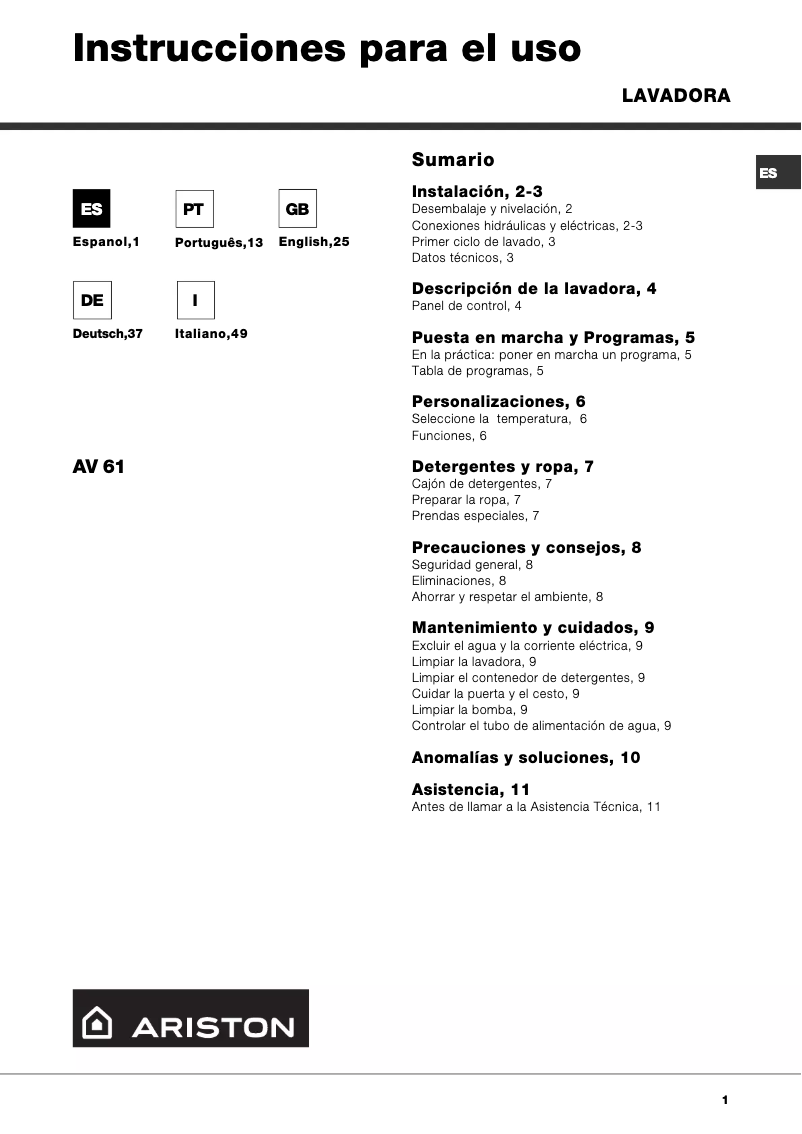Page 1 de la notice Manuel utilisateur Ariston Thermo AV61