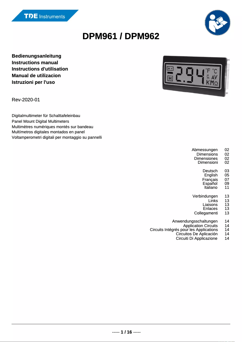 Page n°1 - Manuel utilisateur TDE Instruments DPM962