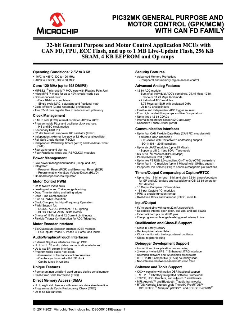 Page 1 de la notice Fiche technique Microchip PIC32MK1024MCM064