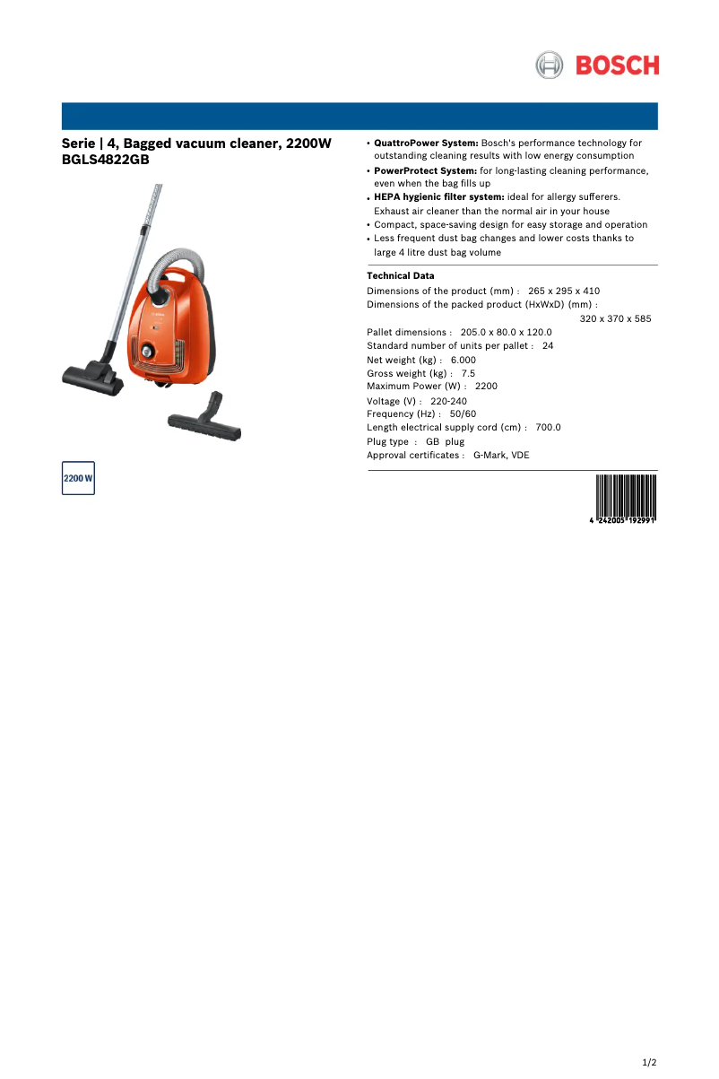 Page n°1 - Fiche technique Bosch BGLS4822GB