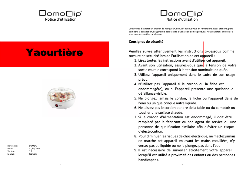 Page 1 de la notice Manuel utilisateur Domoclip DOM159