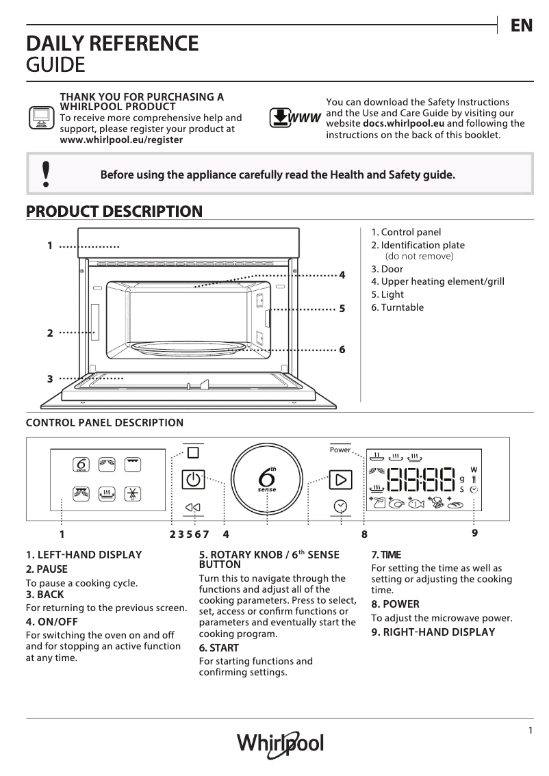 Page n°1 - Manuel d'utilisation et d'entretien Whirlpool AMW 730 NB