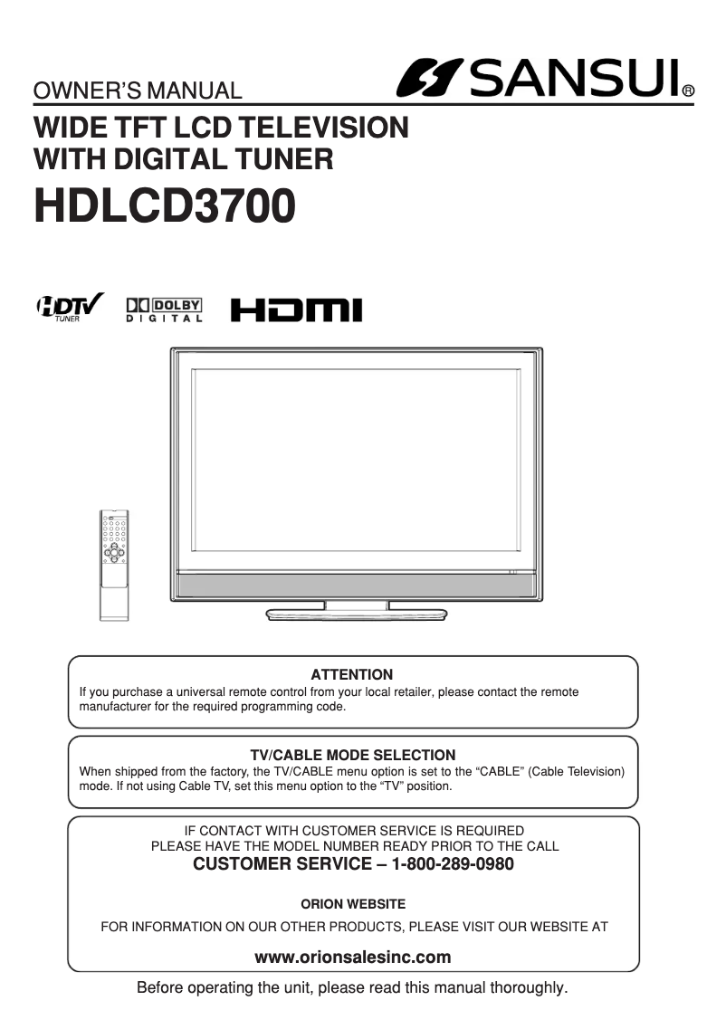 Page n°1 - Manuel utilisateur Sansui HDLCD3700
