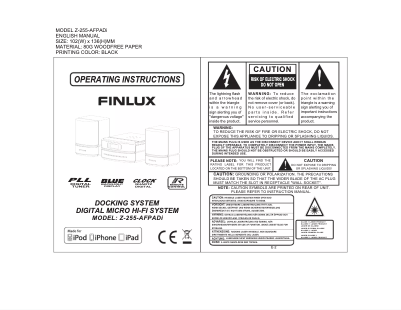 Page n°1 - Manuel utilisateur Finlux Z-255