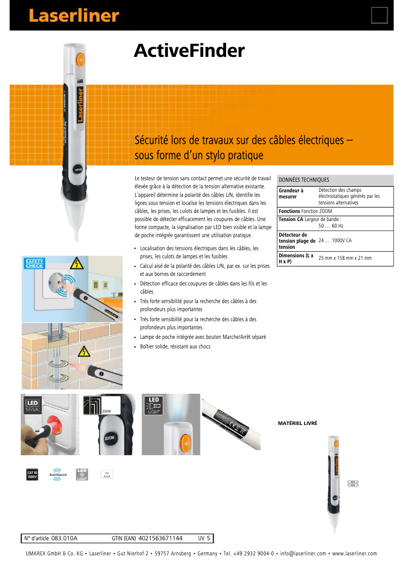 Page 1 de la notice Fiche technique Laserliner ActiveFinder