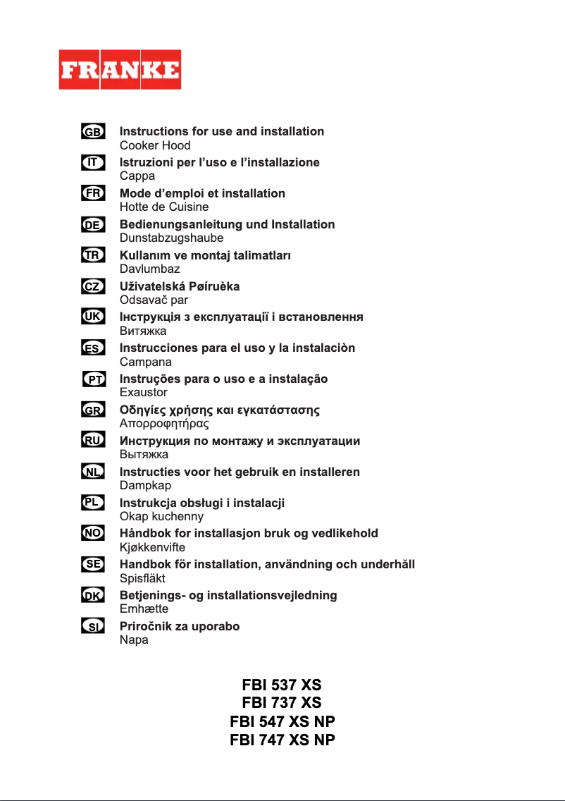 Page n°1 - Manuel utilisateur Franke FBI 547 XS NP