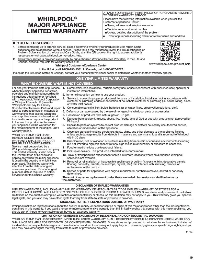 Page 1 de la notice Informations de garantie Whirlpool WFE525S0HS