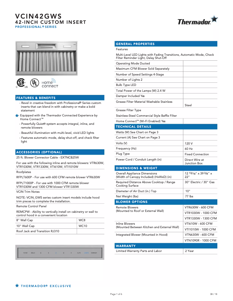 Page 1 de la notice Fiche technique Thermador VCIN42GWS