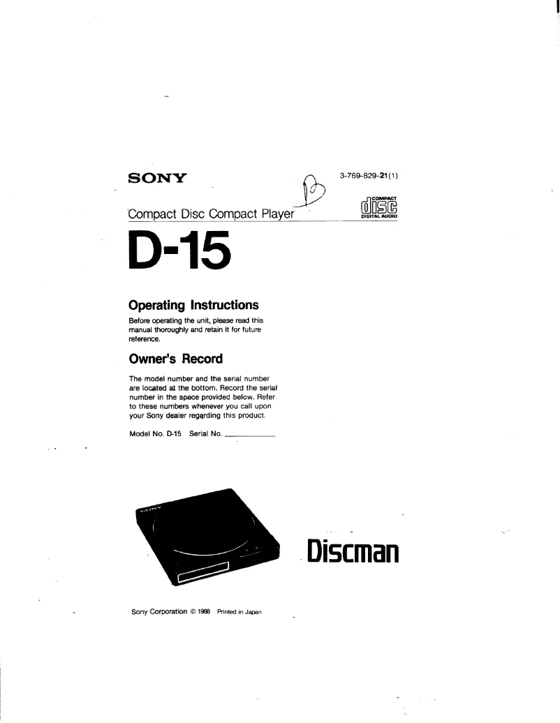 Image de la première page du manuel de l'appareil Discman D-15