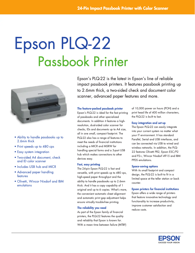 Page 1 de la notice Fiche technique Epson PLQ-22