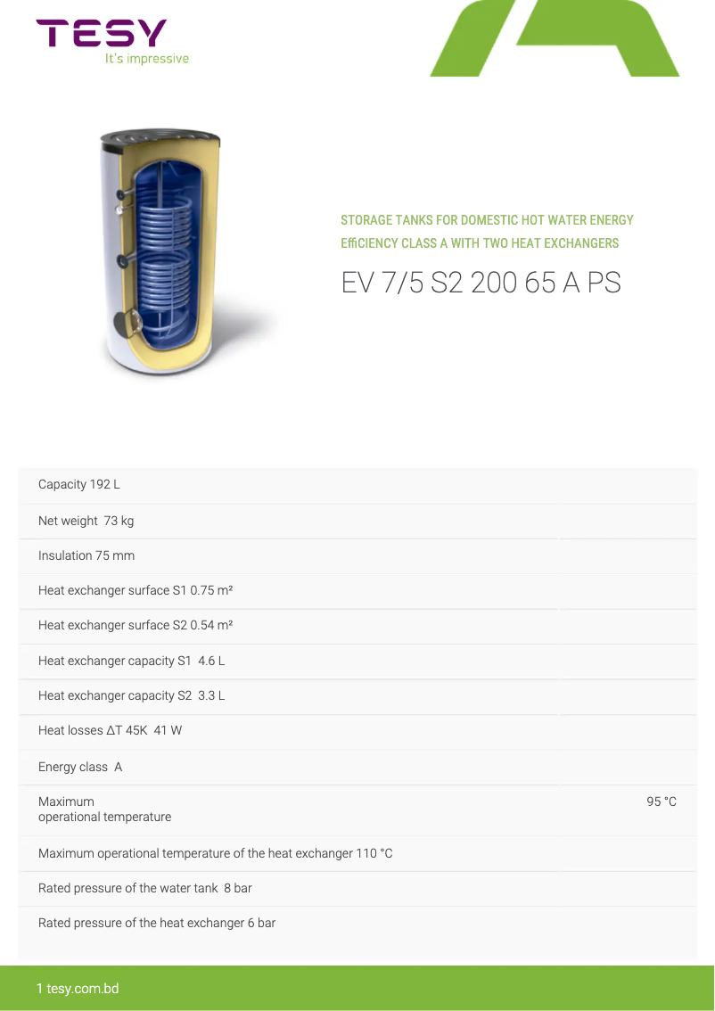 Page 1 de la notice Fiche technique Tesy EV 7/5 S2 200 65 A PS