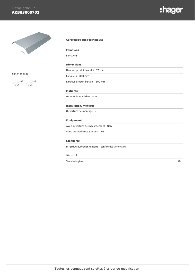 Page n°1 - Manuel utilisateur Hager AKB83000702