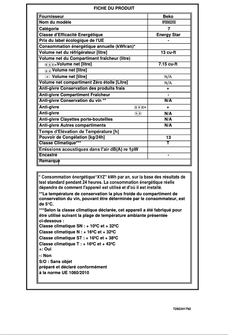 Page 1 de la notice Fiche technique Beko BFSB3622XSS