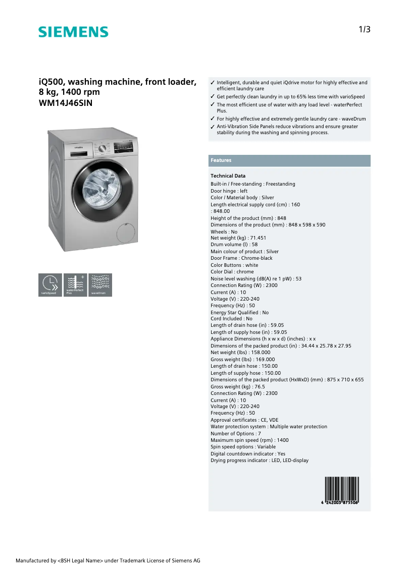 Page 1 de la notice Fiche technique Siemens WM14J46SIN