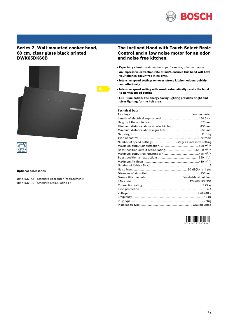 Page 1 de la notice Fiche technique Bosch DWK65DK60B